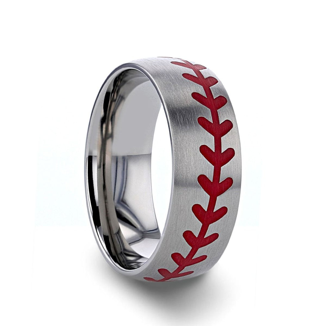 DIMAGGIO | Silver Titanium Ring, Red Baseball Stitching, Domed - Rings - Aydins Jewelry - 2