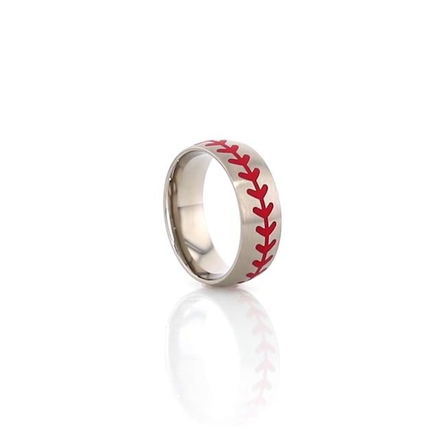 DIMAGGIO | Silver Titanium Ring, Red Baseball Stitching, Domed - Rings - Aydins Jewelry - 4