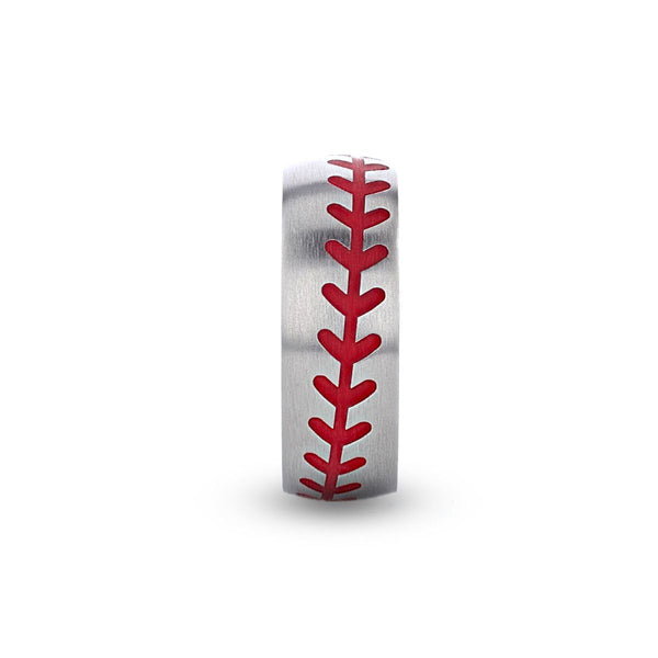 DIMAGGIO | Silver Titanium Ring, Red Baseball Stitching, Domed - Rings - Aydins Jewelry