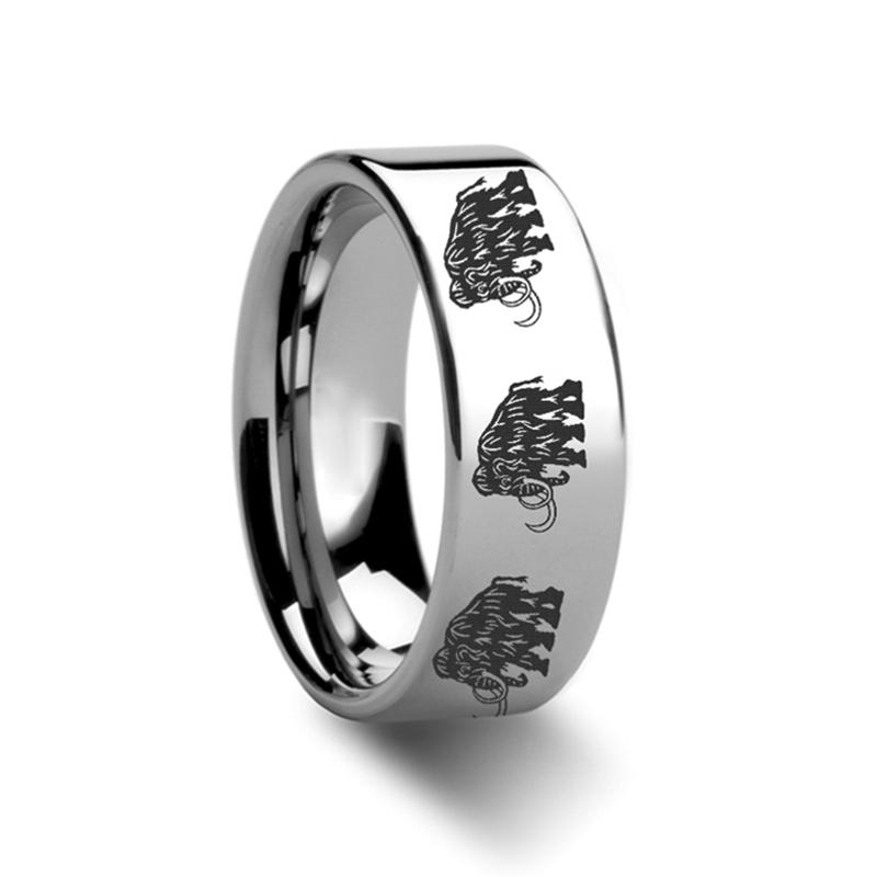 Dinosaur Mammoth Print Engraved Flat Tungsten Coup Tungsten Carbide men's wedding band, image 1