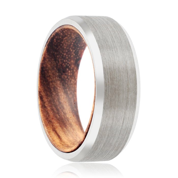 DIVINE | Zebra Wood, Silver Tungsten Ring, Brushed, Beveled - Rings - Aydins Jewelry - 1