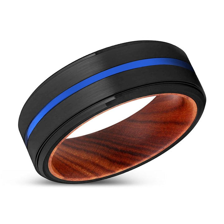 DOC | IRON Wood, Black Tungsten Ring, Blue Groove, Stepped Edge - Rings - Aydins Jewelry - 2