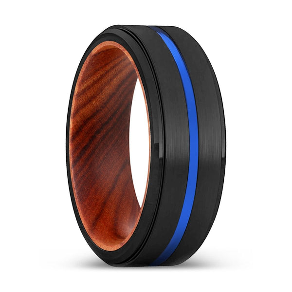 DOC | IRON Wood, Black Tungsten Ring, Blue Groove, Stepped Edge - Rings - Aydins Jewelry - 1