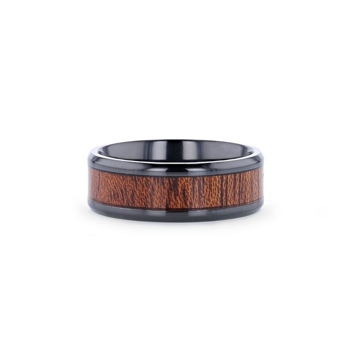 DOMINICA | Black Titanium Ring, Hard Wood Inlay, Beveled - Rings - Aydins Jewelry