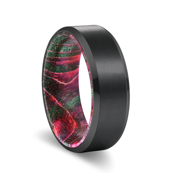DONALDSON | Green and Red Wood, Black Tungsten Ring, Brushed, Beveled - Rings - Aydins Jewelry - 1