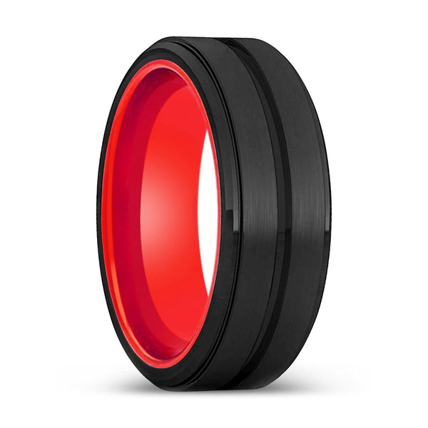 DOOMS | Red Ring, Black Tungsten Ring, Grooved, Stepped Edge