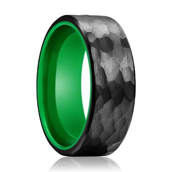 DRAGONFLY | Green Ring, Black Tungsten Ring, Hammered, Flat