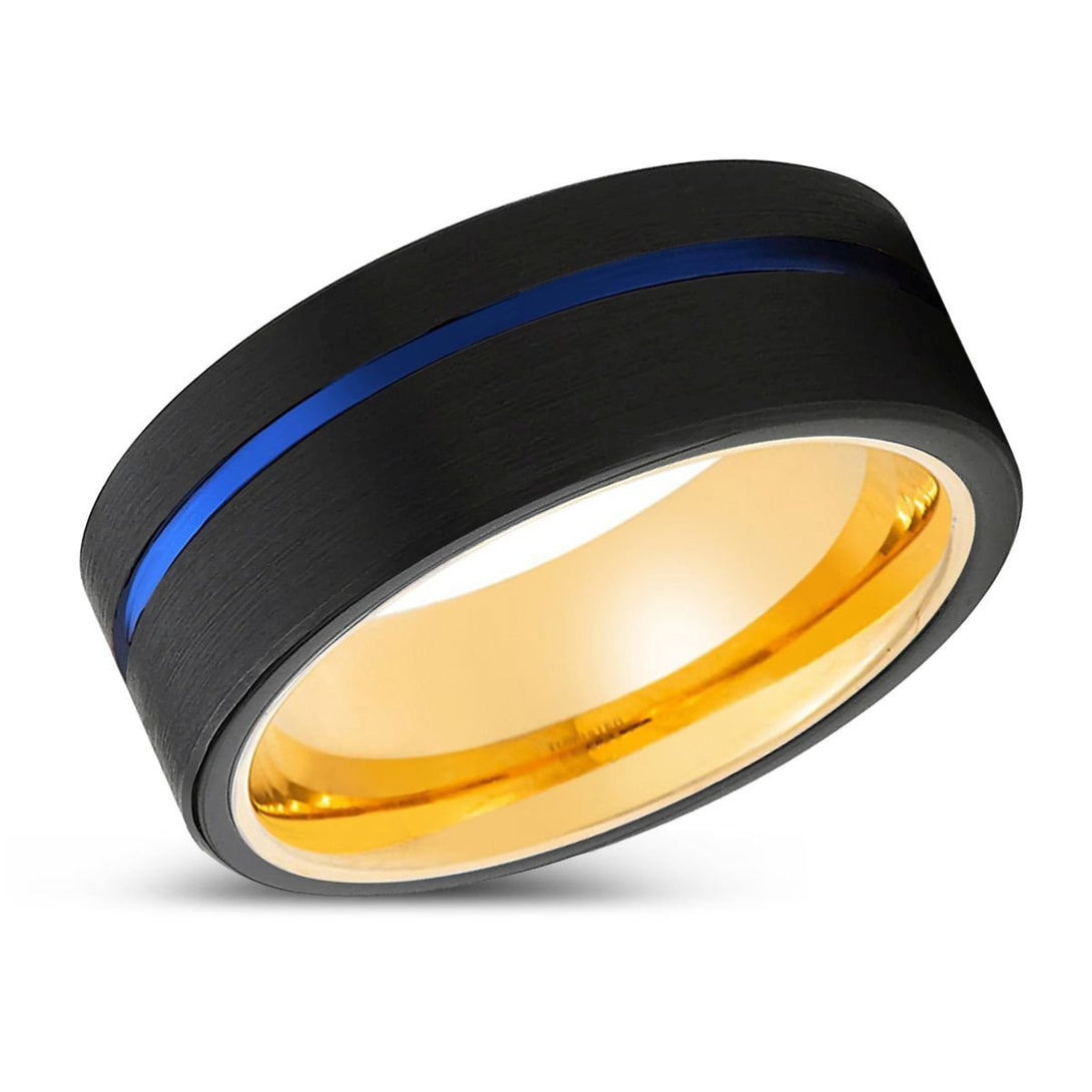 DRIFTER | Gold Ring, Black Tungsten Ring, Blue Offset Groove, Flat - Rings - Aydins Jewelry - 2