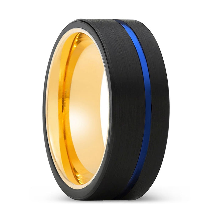 DRIFTER | Gold Ring, Black Tungsten Ring, Blue Offset Groove, Flat - Rings - Aydins Jewelry