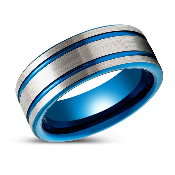 DUALWAVE | Blue Tungsten Ring, Pipe Cut Blue Ring, Double Striped Center - Rings - Aydins Jewelry - 2