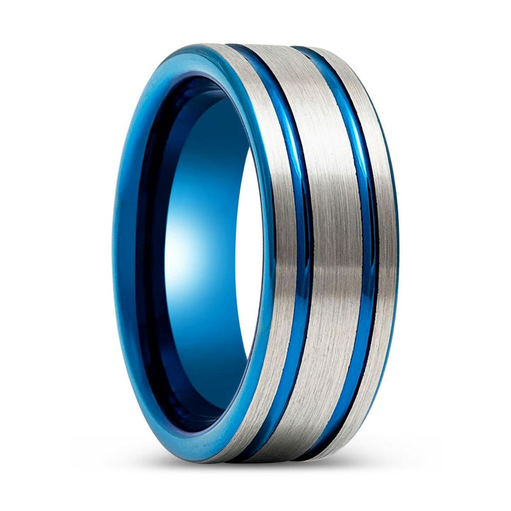 DUALWAVE | Blue Tungsten Ring, Pipe Cut Blue Ring, Double Striped Center - Rings - Aydins Jewelry - 1