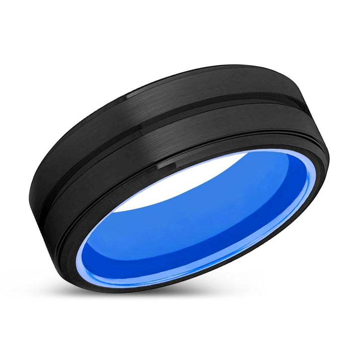 DUKES | Blue Ring, Black Tungsten Ring, Grooved, Stepped Edge - Rings - Aydins Jewelry - 2