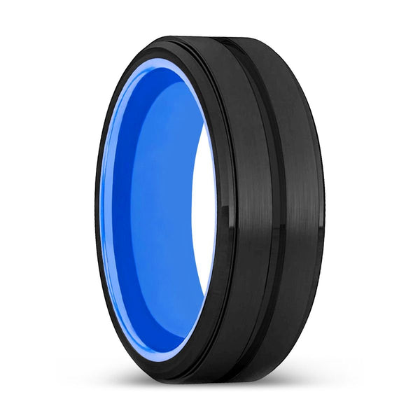 DUKES | Blue Ring, Black Tungsten Ring, Grooved, Stepped Edge