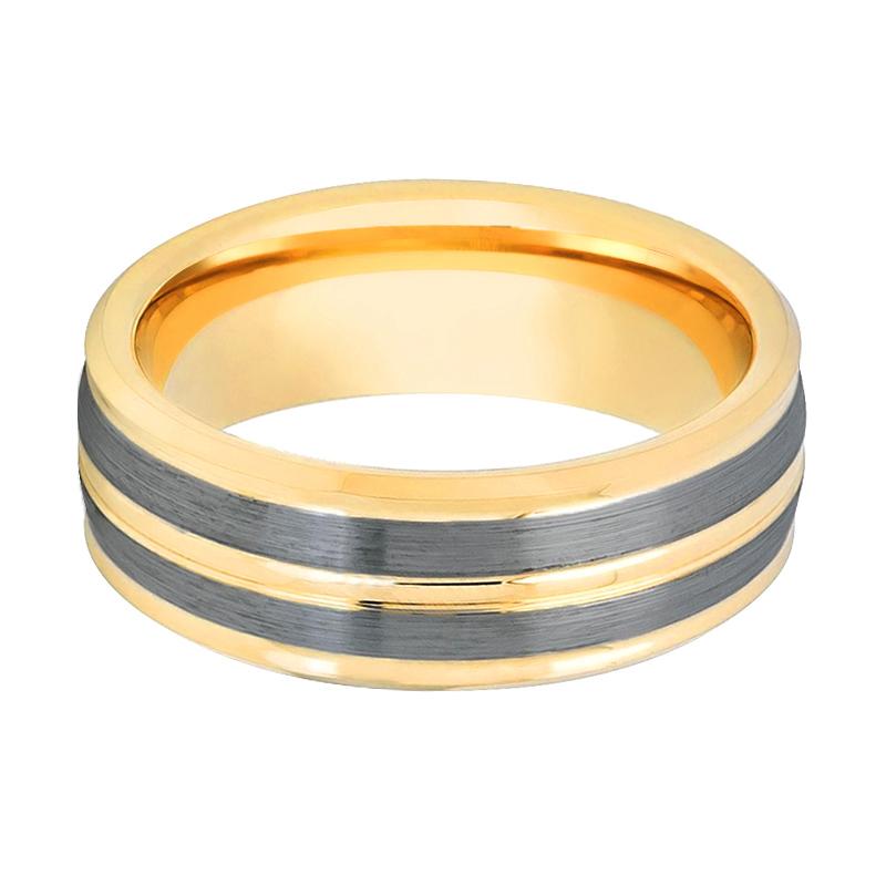 DUNCE | Gold Tungsten Ring, 2 Pinstripe Grooves, Beveled - Rings - Aydins Jewelry - 2