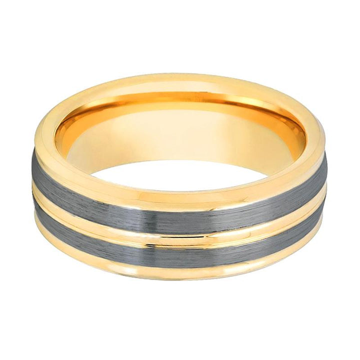 DUNCE | Gold Tungsten Ring, 2 Pinstripe Grooves, Beveled - Rings - Aydins Jewelry - 2