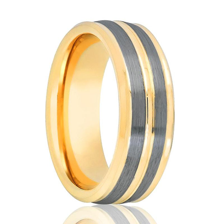 DUNCE | Gold Tungsten Ring, 2 Pinstripe Grooves, Beveled