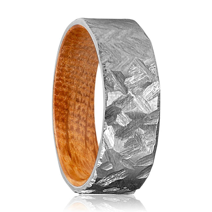 DUNHILL | Whiskey Barrel Wood, Silver Titanium Ring, Hammered, Flat - Rings - Aydins Jewelry - 1