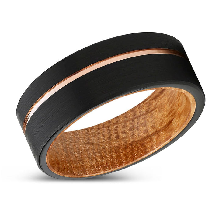 DYNAMIC | Whiskey Barrel Wood, Black Tungsten Ring, Rose Gold Offset Groove, Brushed, Flat - Rings - Aydins Jewelry - 2