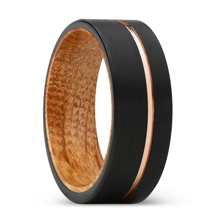 DYNAMIC | Whiskey Barrel Wood, Black Tungsten Ring, Rose Gold Offset Groove, Brushed, Flat - Rings - Aydins Jewelry - 1