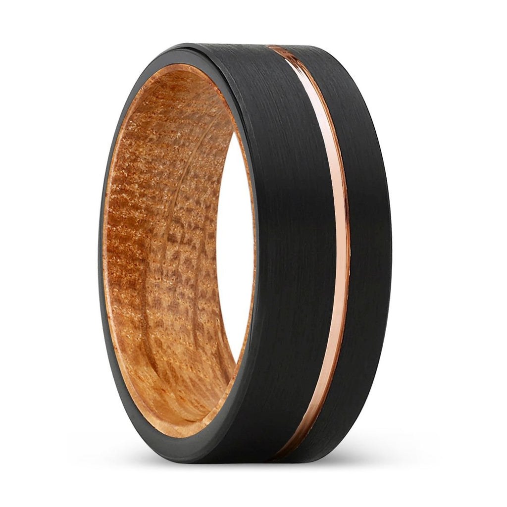 DYNAMIC | Whiskey Barrel Wood, Black Tungsten Ring, Rose Gold Offset Groove, Brushed, Flat