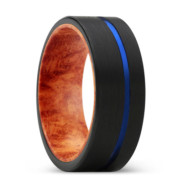 DYNASTY | Red Burl Wood, Black Tungsten Ring, Blue Offset Groove, Flat - Rings - Aydins Jewelry - 1