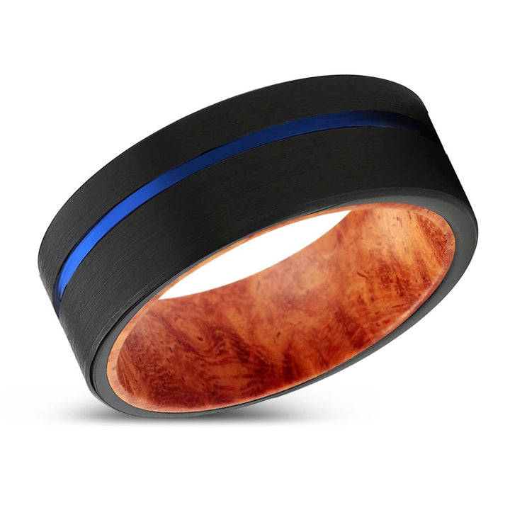 DYNASTY | Red Burl Wood, Black Tungsten Ring, Blue Offset Groove, Flat - Rings - Aydins Jewelry - 2