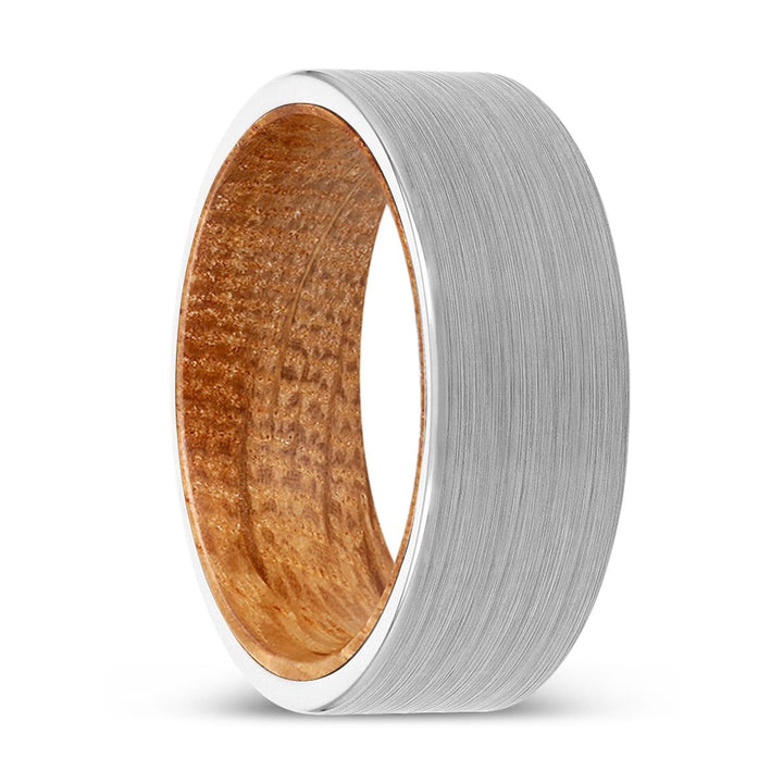 EASTWOOD | Whiskey Barrel Wood, White Tungsten Ring, Brushed, Flat - Rings - Aydins Jewelry