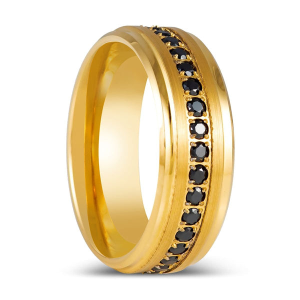EBONYGLITZ | Yellow Gold Ring, Black CZ Ring, Stepped Edge - Rings - Aydins Jewelry