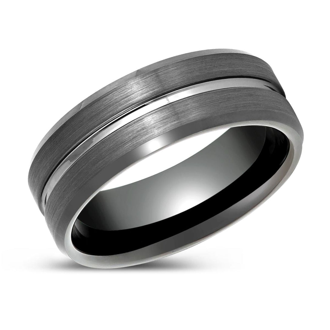 ECHORIDGE | Gun Metal Ring, Grooved Center, Brushed Beveled Edge - Rings - Aydins Jewelry - 2