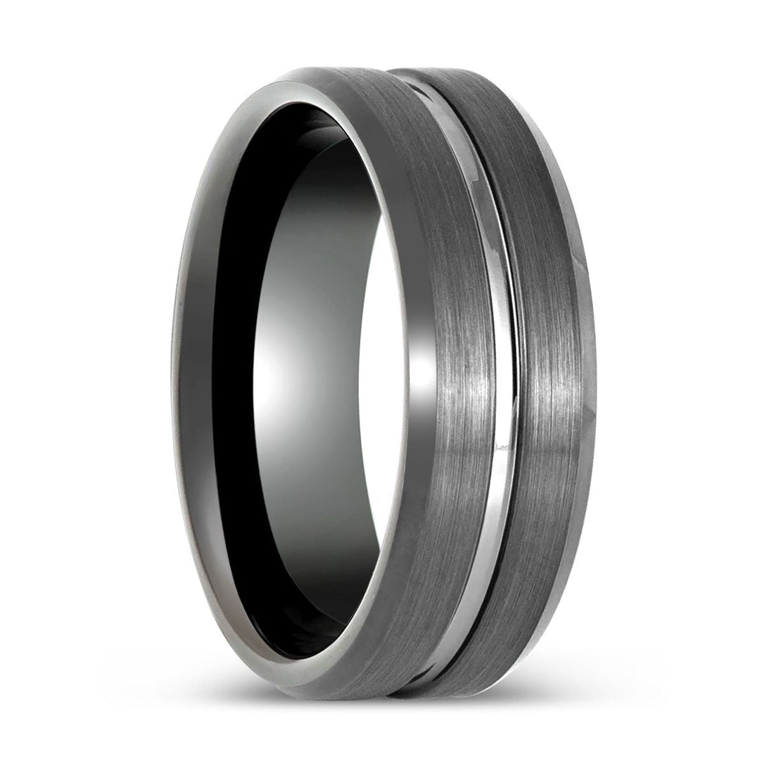 ECHORIDGE | Gun Metal Ring, Grooved Center, Brushed Beveled Edge - Rings - Aydins Jewelry - 1