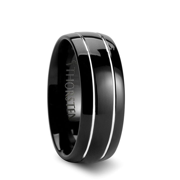 ECLIPSE | Black Tungsten Ring, Two Silver Grooves, Domed - Rings - Aydins Jewelry - 3