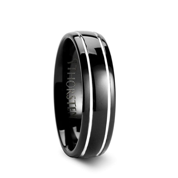 ECLIPSE | Black Tungsten Ring, Two Silver Grooves, Domed - Rings - Aydins Jewelry