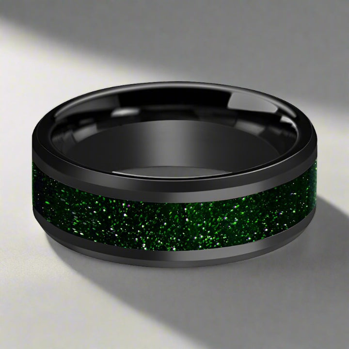 EDRIC | Black Ceramic Ring, Green Goldstone Inlay, Beveled - Rings - Aydins Jewelry - 2