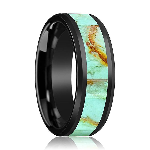 EDWARD | Black Ceramic Ring, Light Blue Turquoise Stone Inlay, Beveled - Rings - Aydins Jewelry