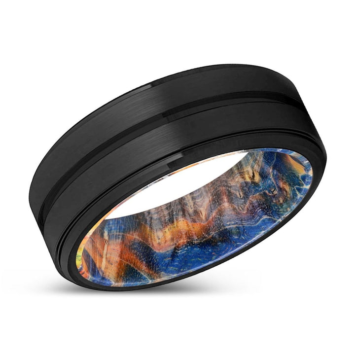 EDWIN | Blue & Yellow/Orange Wood, Black Tungsten Ring, Grooved, Stepped Edge - Rings - Aydins Jewelry - 2