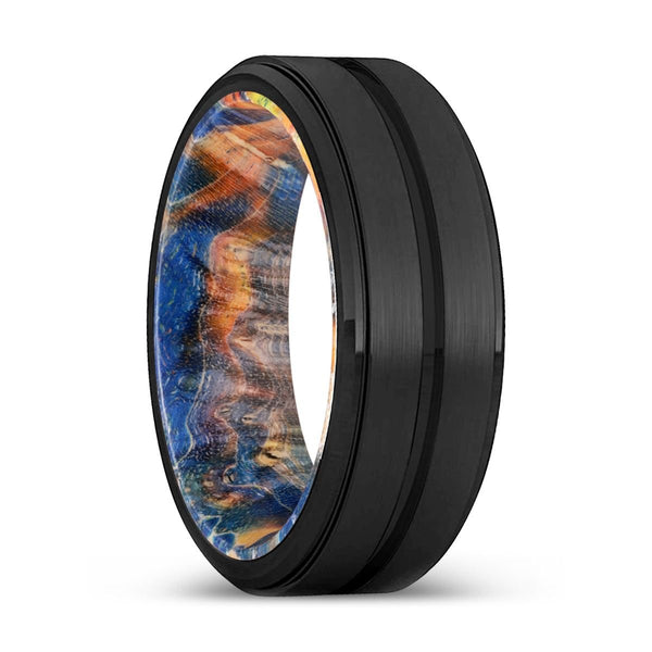 EDWIN | Blue & Yellow/Orange Wood, Black Tungsten Ring, Grooved, Stepped Edge