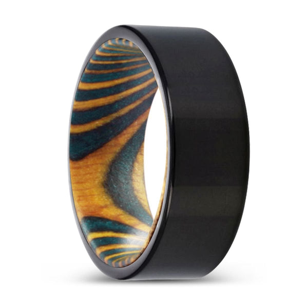 ELEKTRA | Green & Yellow Wood, Black Tungsten Ring, Shiny, Flat - Rings - Aydins Jewelry - 1