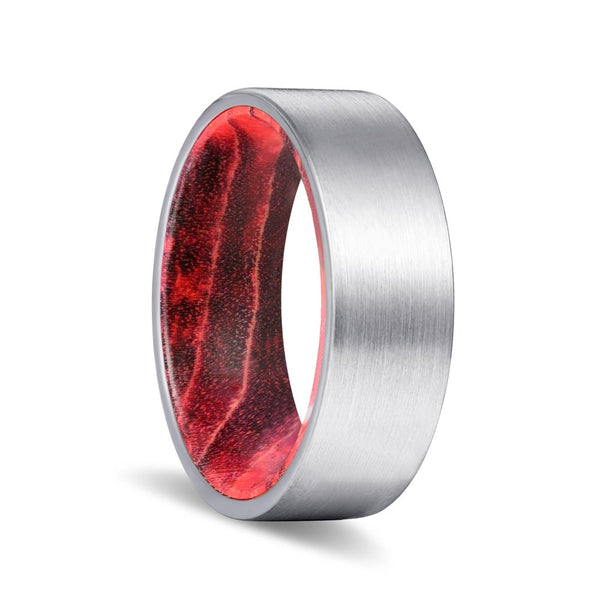 ELEMENT | Black & Red Wood, Silver Tungsten Ring, Brushed, Flat - Rings - Aydins Jewelry - 1