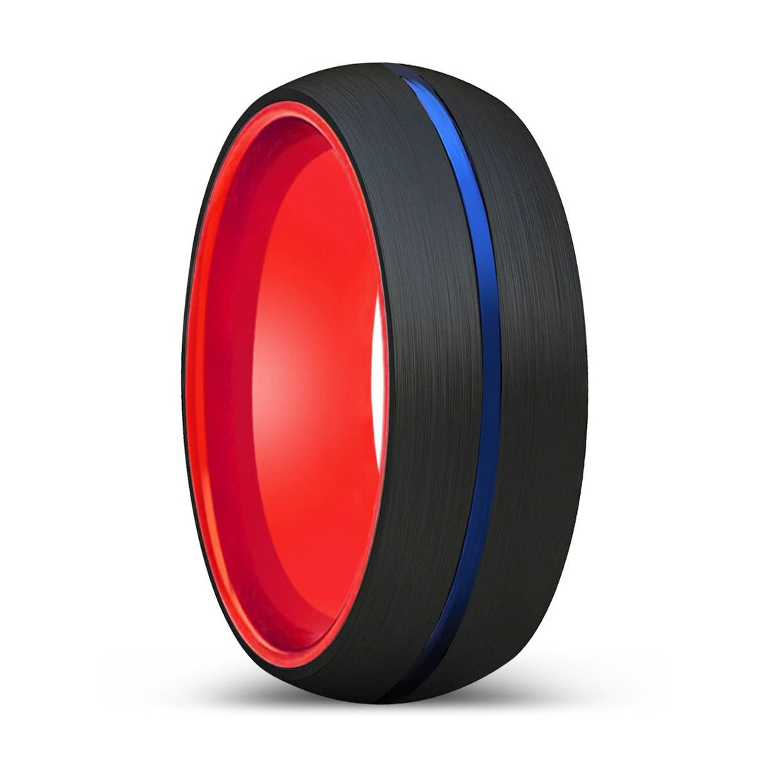 ELIANO | Red Ring, Black Tungsten Ring, Blue Groove, Domed - Rings - Aydins Jewelry - 1