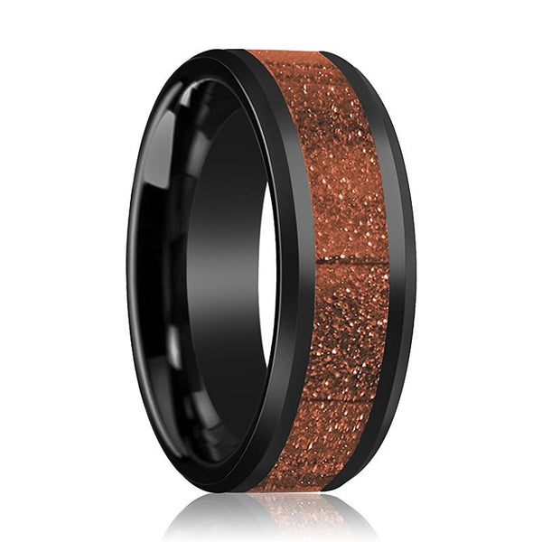 ELLIOT Men's Black Polished Ceramic Wedding Band with Orange Gold Stone Inlay & Bevels - 8MM - Rings - Aydins_Jewelry