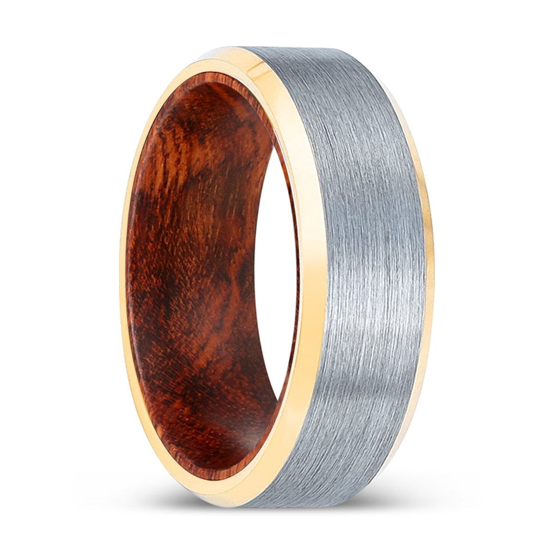 ELMTOOTH | Snake Wood, Brushed, Silver Tungsten Ring, Gold Beveled Edges - Ring - Aydins Jewelry - 1