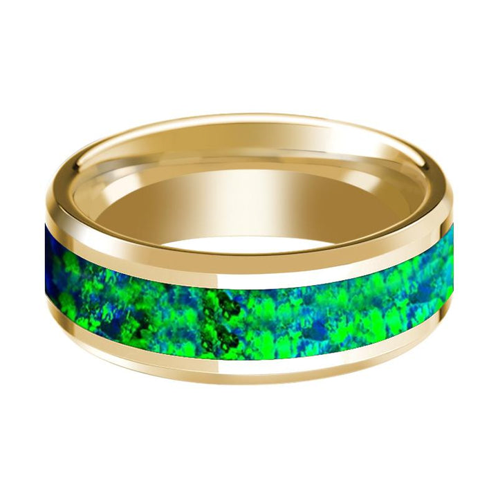 Emerald Green and Sapphire Blue Opal Inlaid Men's 14k Yellow Gold Wedding Band with Bevels - 8MM - Rings - Aydins Jewelry - 2
