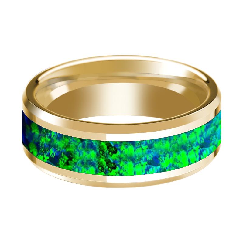 Blue Opal inlay 14k yellow gold wedding band 8mm, side profile