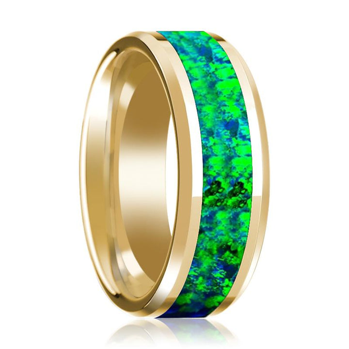 Emerald Green and Sapphire Blue Opal Inlaid Men's 14k Yellow Gold Wedding Band with Bevels - 8MM - Rings - Aydins Jewelry - 1