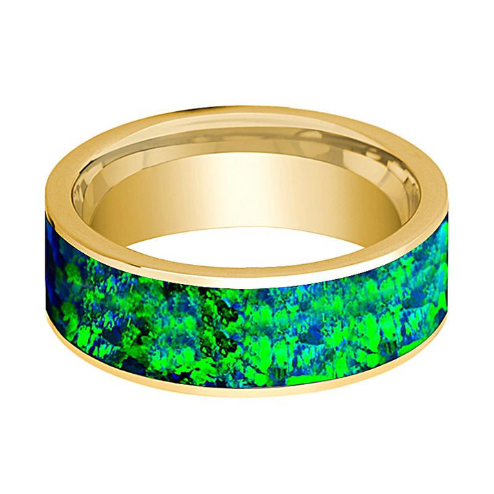 Emerald Green and Sapphire Blue Opal Inlay Men's 14k Yellow Gold Flat Wedding Band Polished
