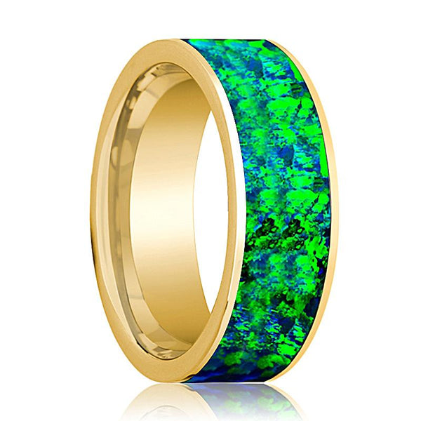 Emerald Green and Sapphire Blue Opal Inlay Men's 14k Yellow Gold Flat Wedding Band Polished - Rings - Aydins_Jewelry