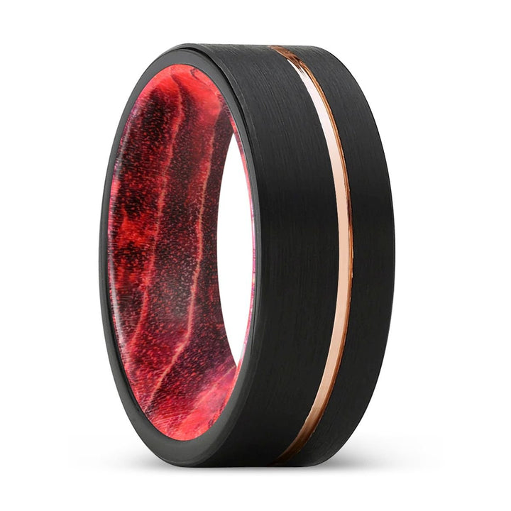 EMERSON | Black & Red Wood, Black Tungsten Ring, Rose Gold Offset Groove, Brushed, Flat - Rings - Aydins Jewelry - 1