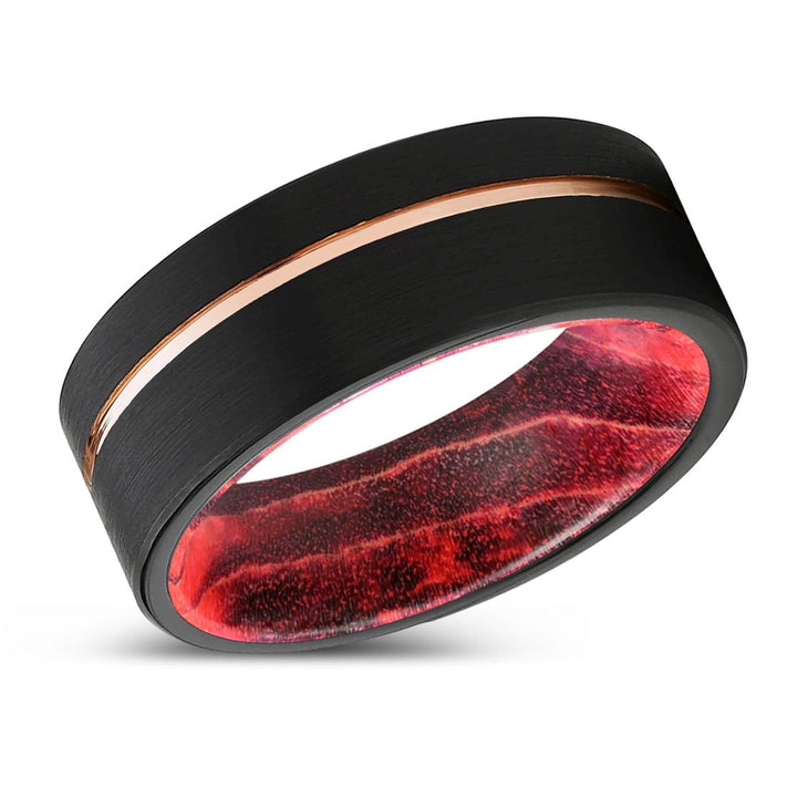 EMERSON | Black & Red Wood, Black Tungsten Ring, Rose Gold Offset Groove, Brushed, Flat - Rings - Aydins Jewelry - 2