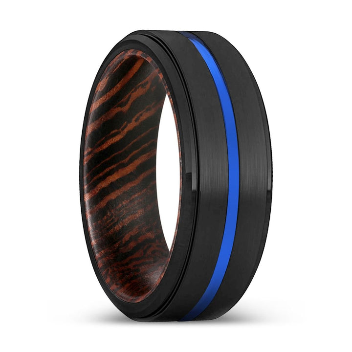 EQUINOX | Wenge Wood, Black Tungsten Ring, Blue Groove, Stepped Edge - Rings - Aydins Jewelry