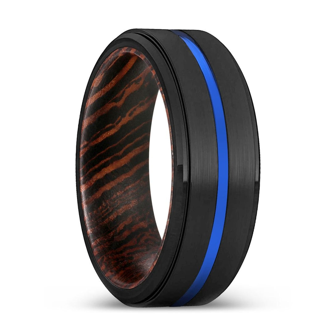 EQUINOX | Wenge Wood, Black Tungsten Ring, Blue Groove, Stepped Edge - Rings - Aydins Jewelry - 1